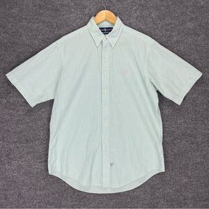 Ralph Lauren Shirt Men’s L Seersucker Textured Blue White Short Sleeve Pink Pony